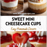 Creamy Valentine’s mini cheesecakes in cups topped with strawberries and hearts, perfect party dessert cups.